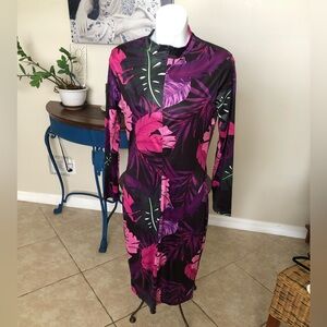 Tropical Leaf Long Sleeve Bodycon Dress S